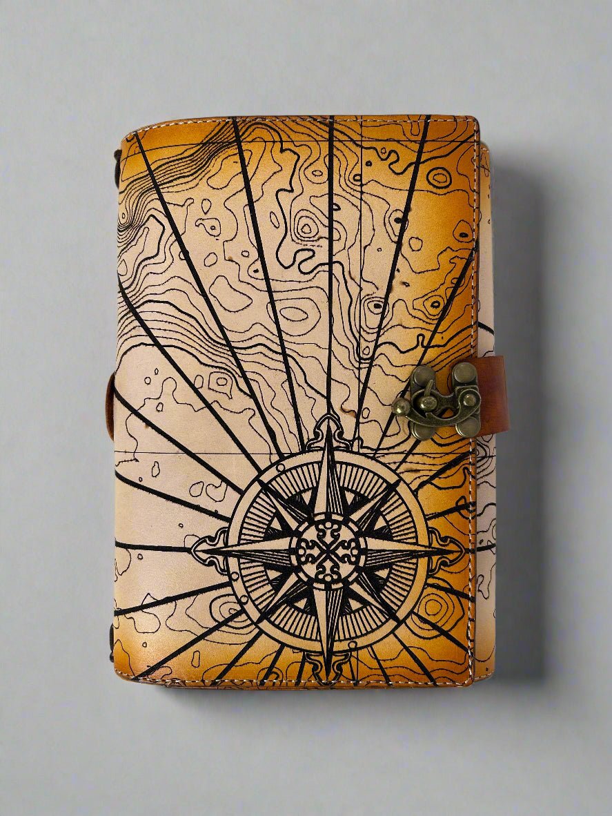 Leather Travelers Journal - Atlas Design Parchment - Front View - The Wyverns Workshop