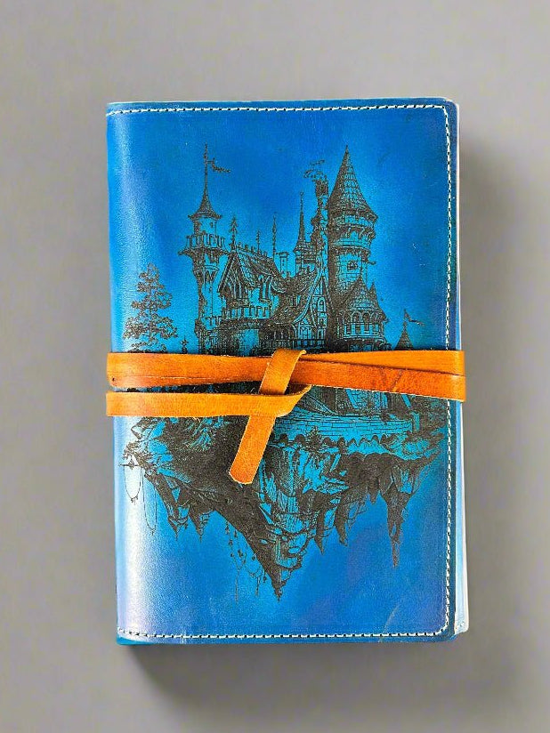 Leather Travelers Journal - Mystic Castle Design - Front View - The Wyverns Workshop