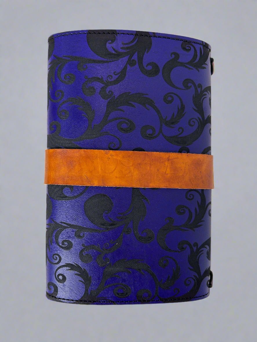 Leather Travelers Journal - Purple Scrolls Design - Back View - The Wyverns Workshop