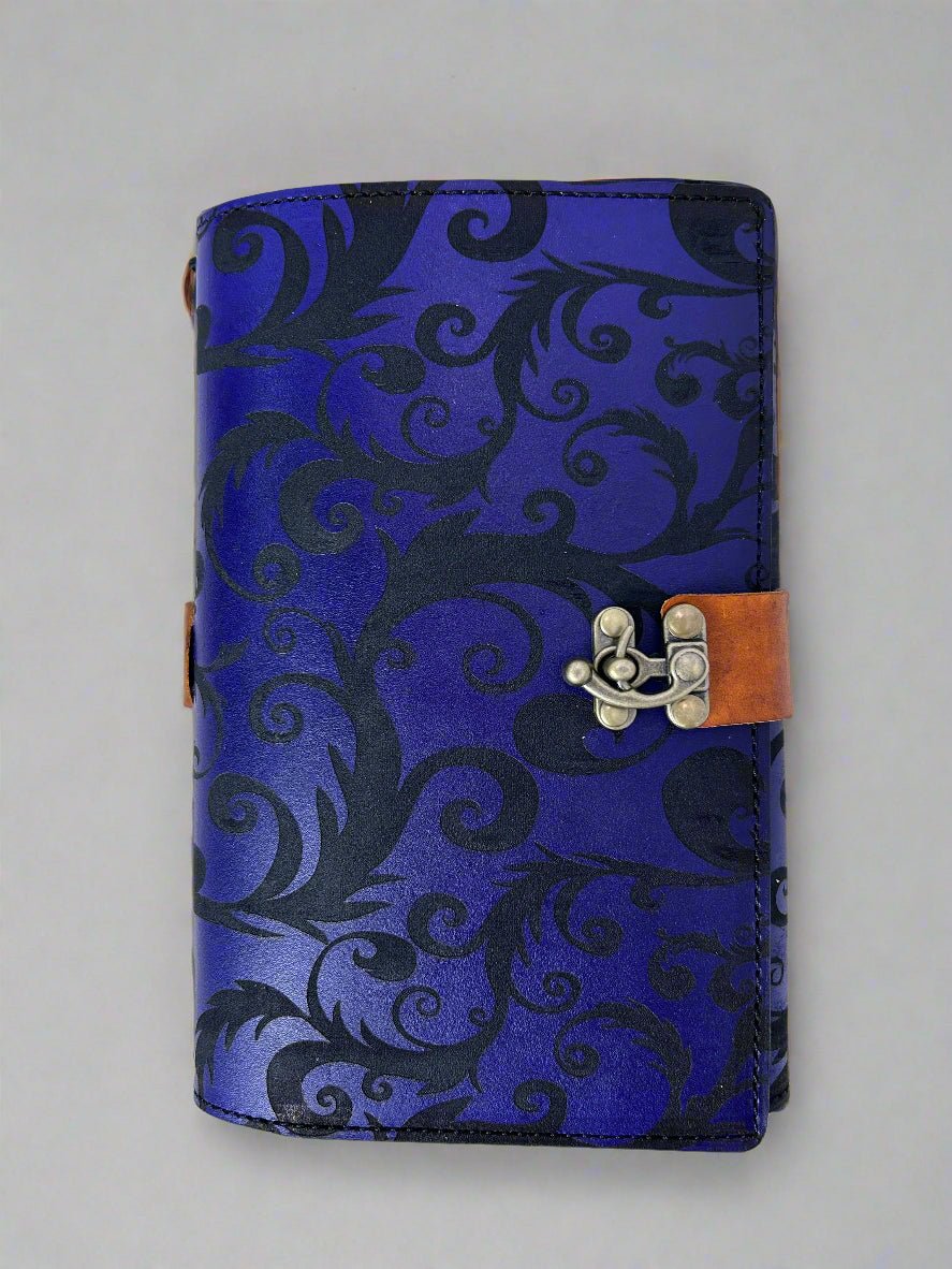 Leather Travelers Journal - Purple Scrolls Design - Front View - The Wyverns Workshop