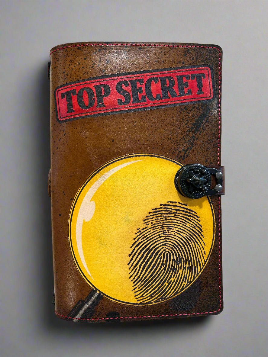 Leather Travelers Journal - Top Secret Design - Front View - The Wyverns Workshop