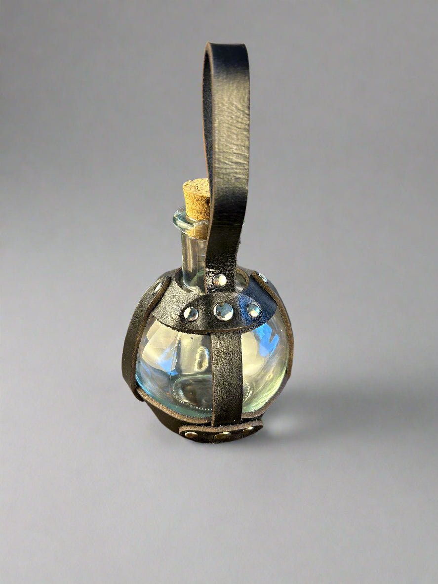 Leather Wrapped Sphere Potion Bottles - Black Back View - Metal Buckles & Rivets - DND, Cosplay, Prop, Magic - The Wyverns Workshop
