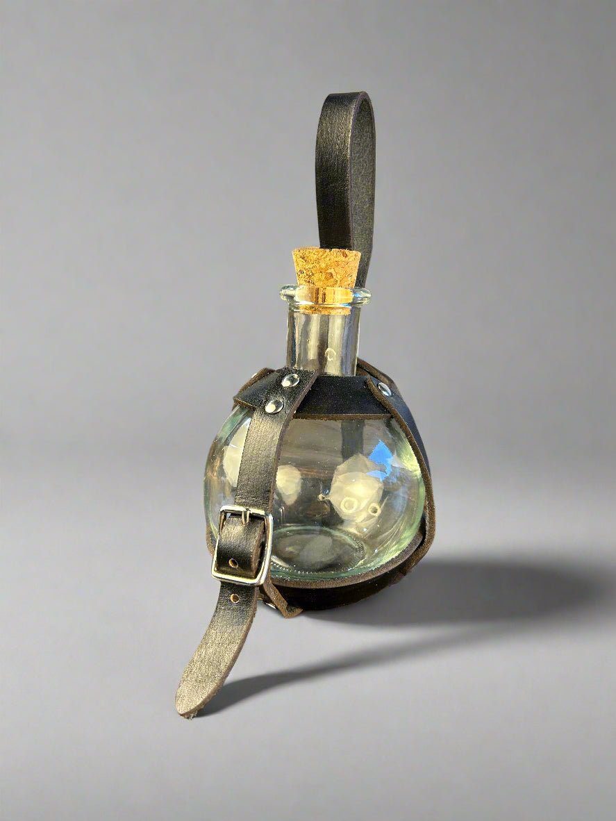 Leather Wrapped Sphere Potion Bottles - Black Front View - Metal Buckles & Rivets - DND, Cosplay, Prop, Magic - The Wyverns Workshop