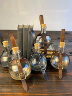 Leather Wrapped Sphere Potion Bottles - Full Collection - Metal Buckles & Rivets - DND, Cosplay, Prop, Magic - The Wyverns Workshop