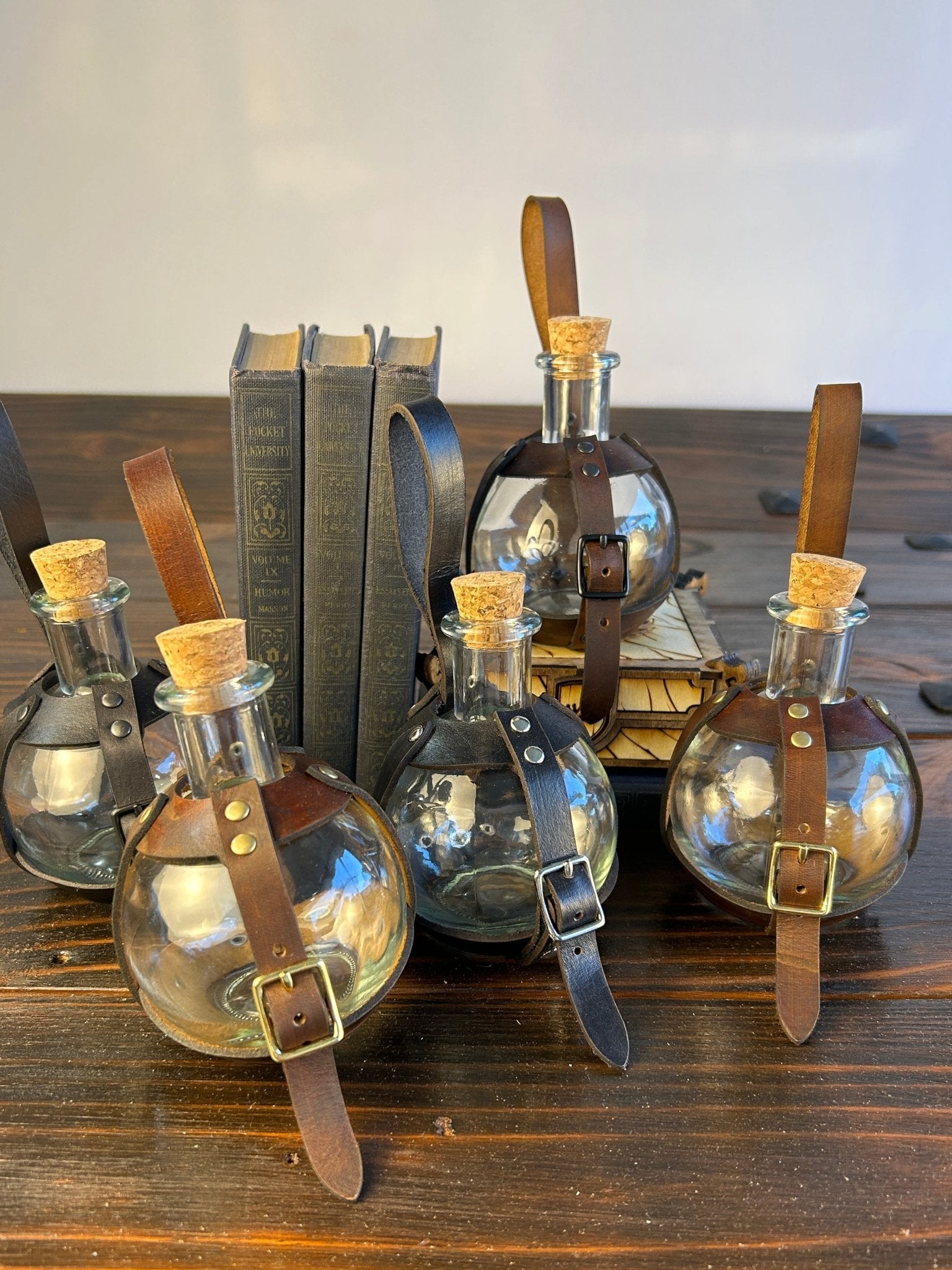 Leather Wrapped Sphere Potion Bottles - Full Collection - Metal Buckles & Rivets - DND, Cosplay, Prop, Magic - The Wyverns Workshop