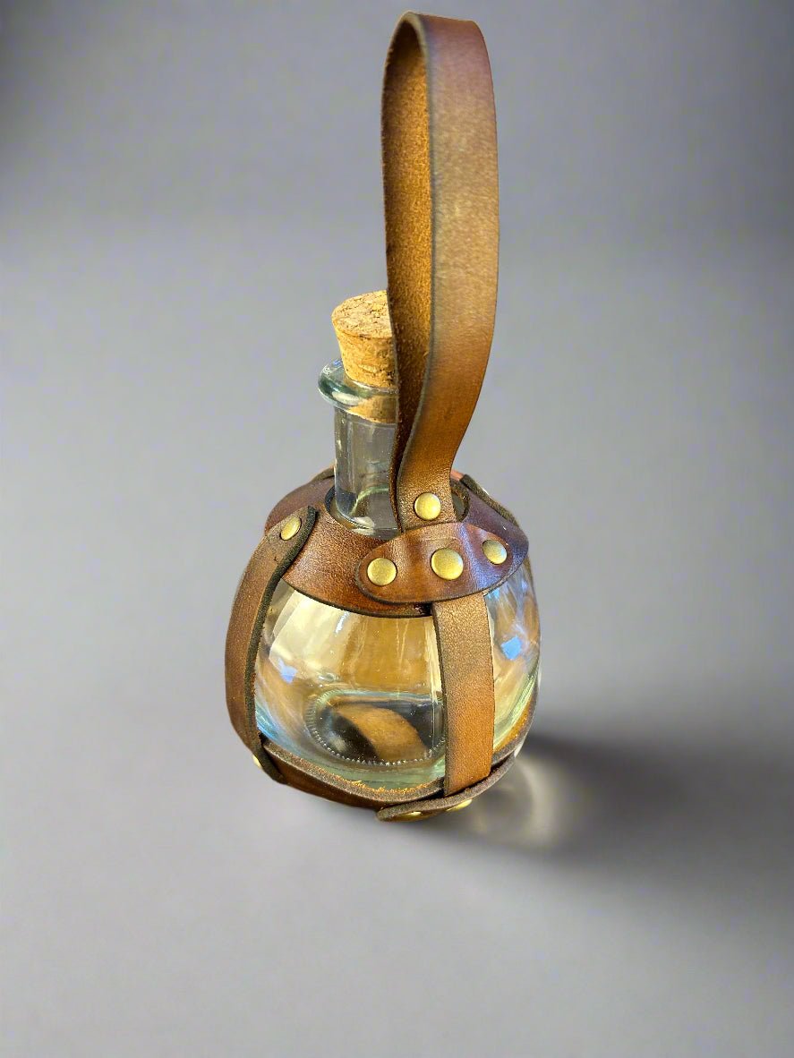 Leather Wrapped Sphere Potion Bottles - Walnut Back View - Metal Buckles & Rivets - DND, Cosplay, Prop, Magic - The Wyverns Workshop