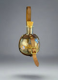 Leather Wrapped Sphere Potion Bottles - Walnut Front View - Metal Buckles & Rivets - DND, Cosplay, Prop, Magic - The Wyverns Workshop