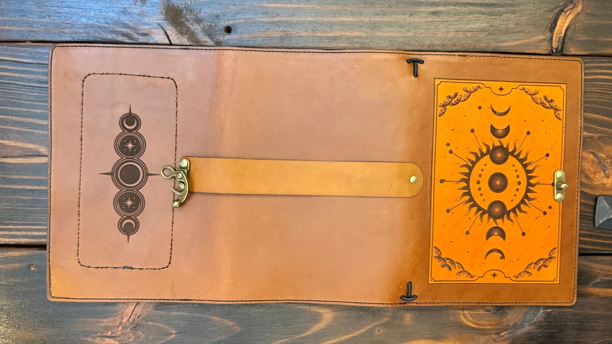 Premium Leather Adventure Journal - Celestial Sunburst Design - The Wyverns Workshop