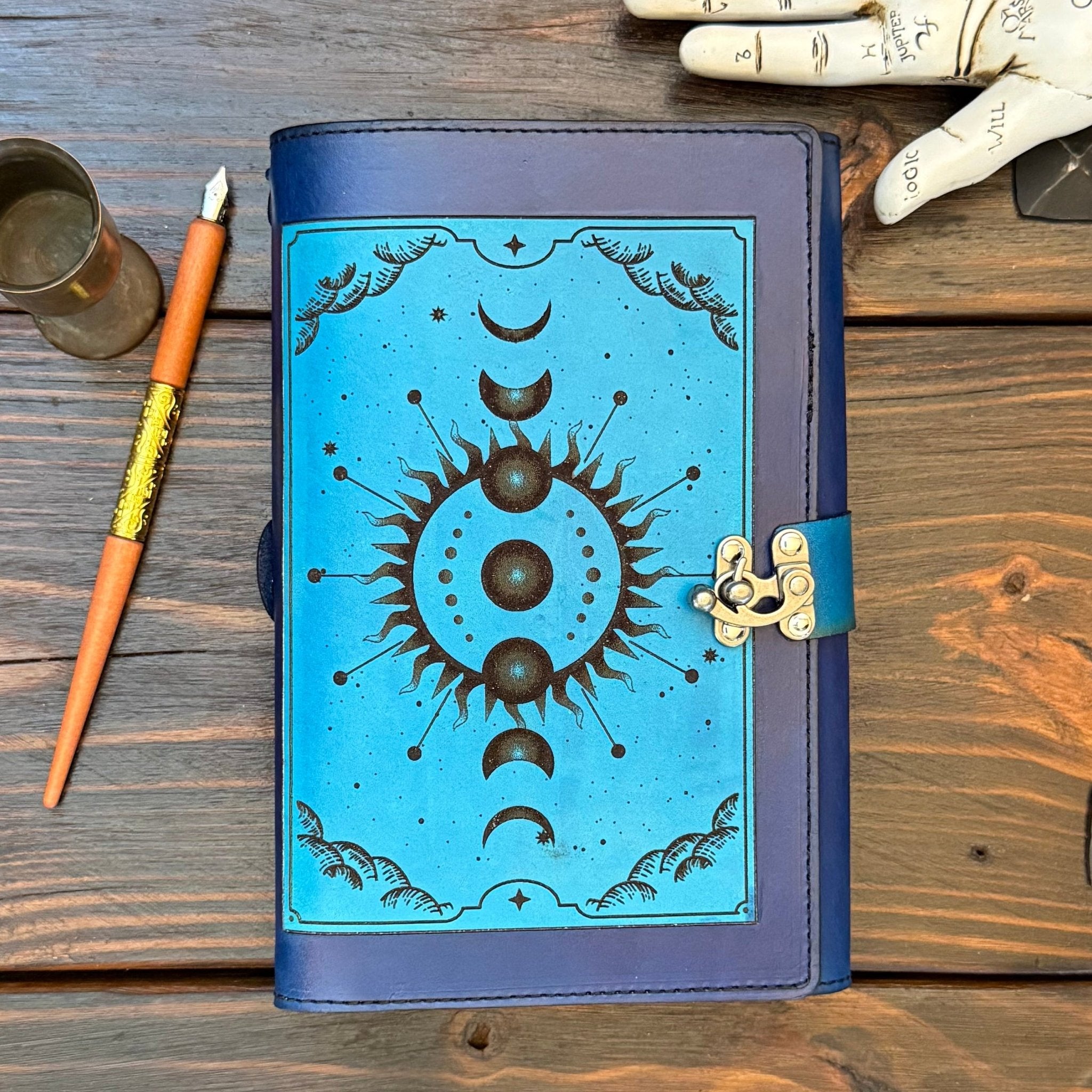 Premium Leather Adventure Journal - Celestial Sunburst Design - The Wyverns Workshop