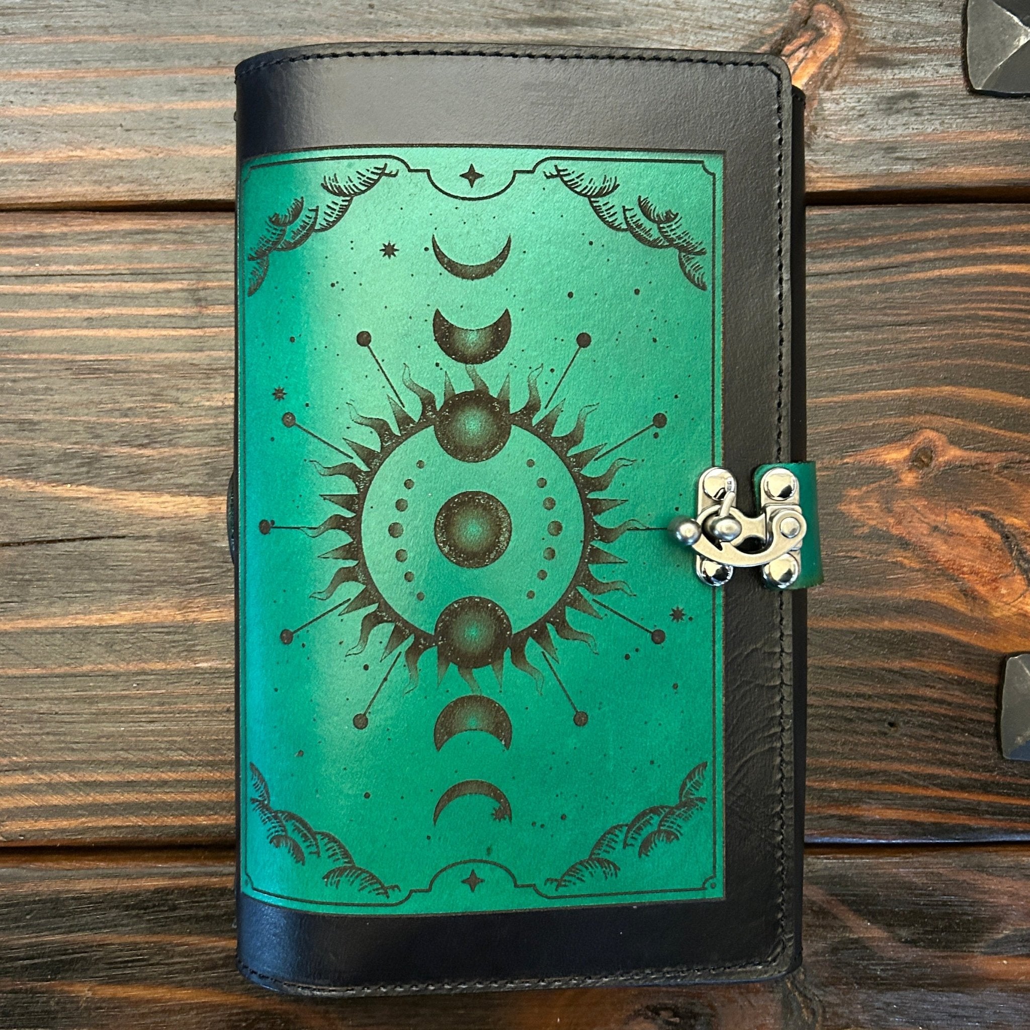 Premium Leather Adventure Journal - Celestial Sunburst Design - The Wyverns Workshop