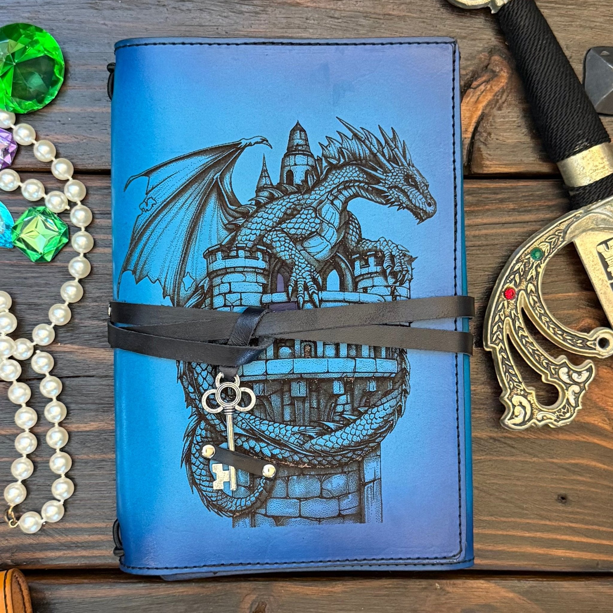 Premium Leather Adventure Journal - Dragon's Keep Design - The Wyverns Workshop