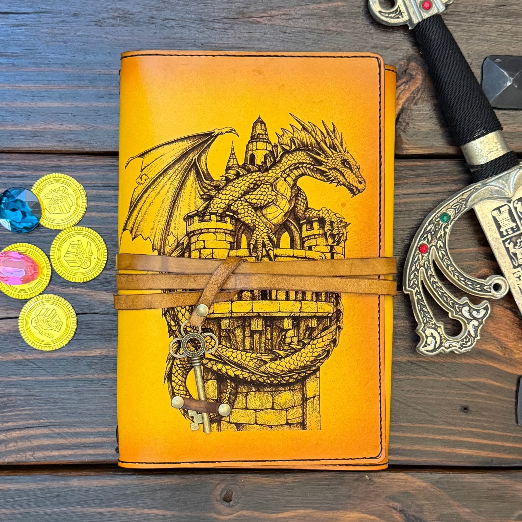 Premium Leather Adventure Journal - Dragon's Keep Design - The Wyverns Workshop