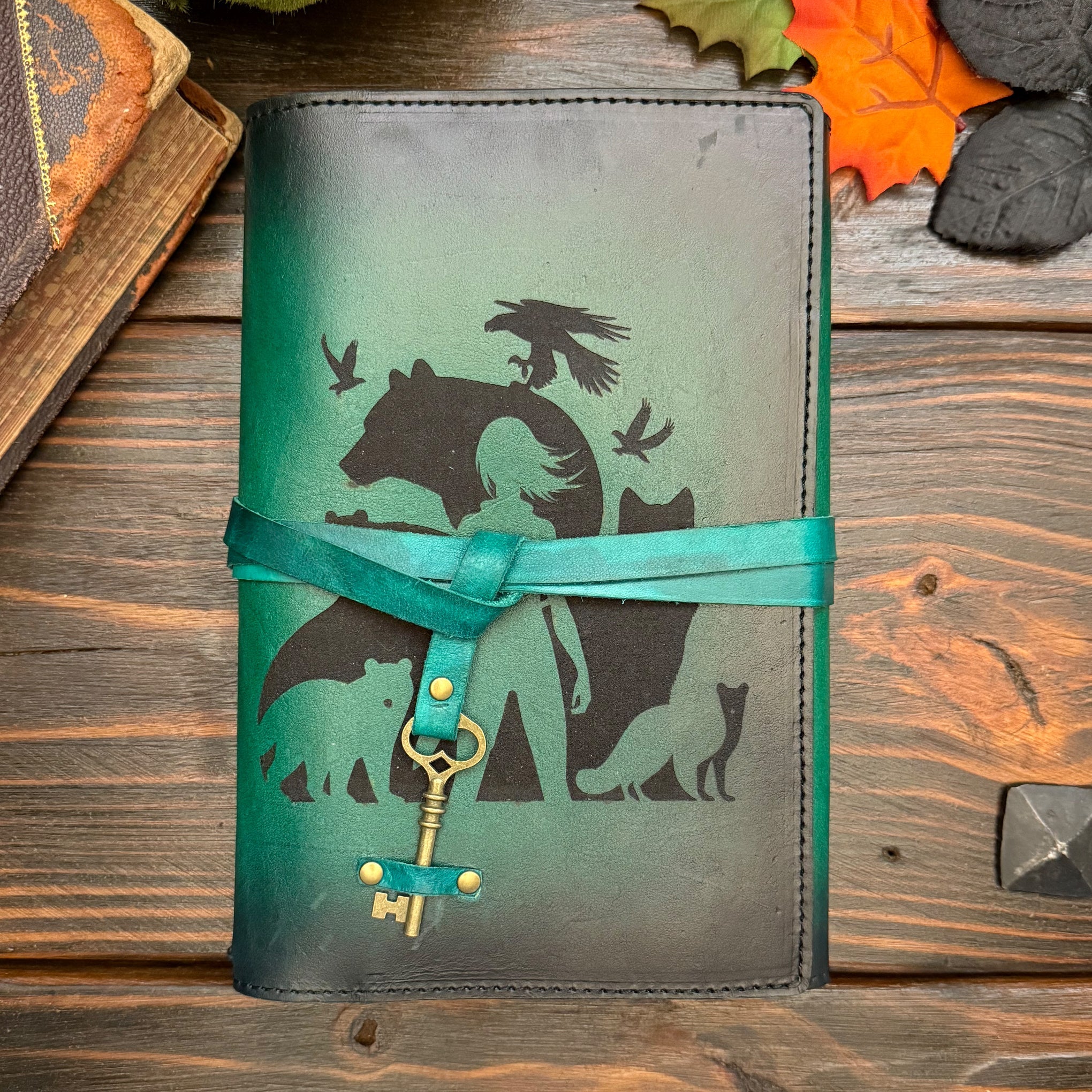 Premium Leather Adventure Journal - Druid & Forest Animals Design - The Wyverns Workshop