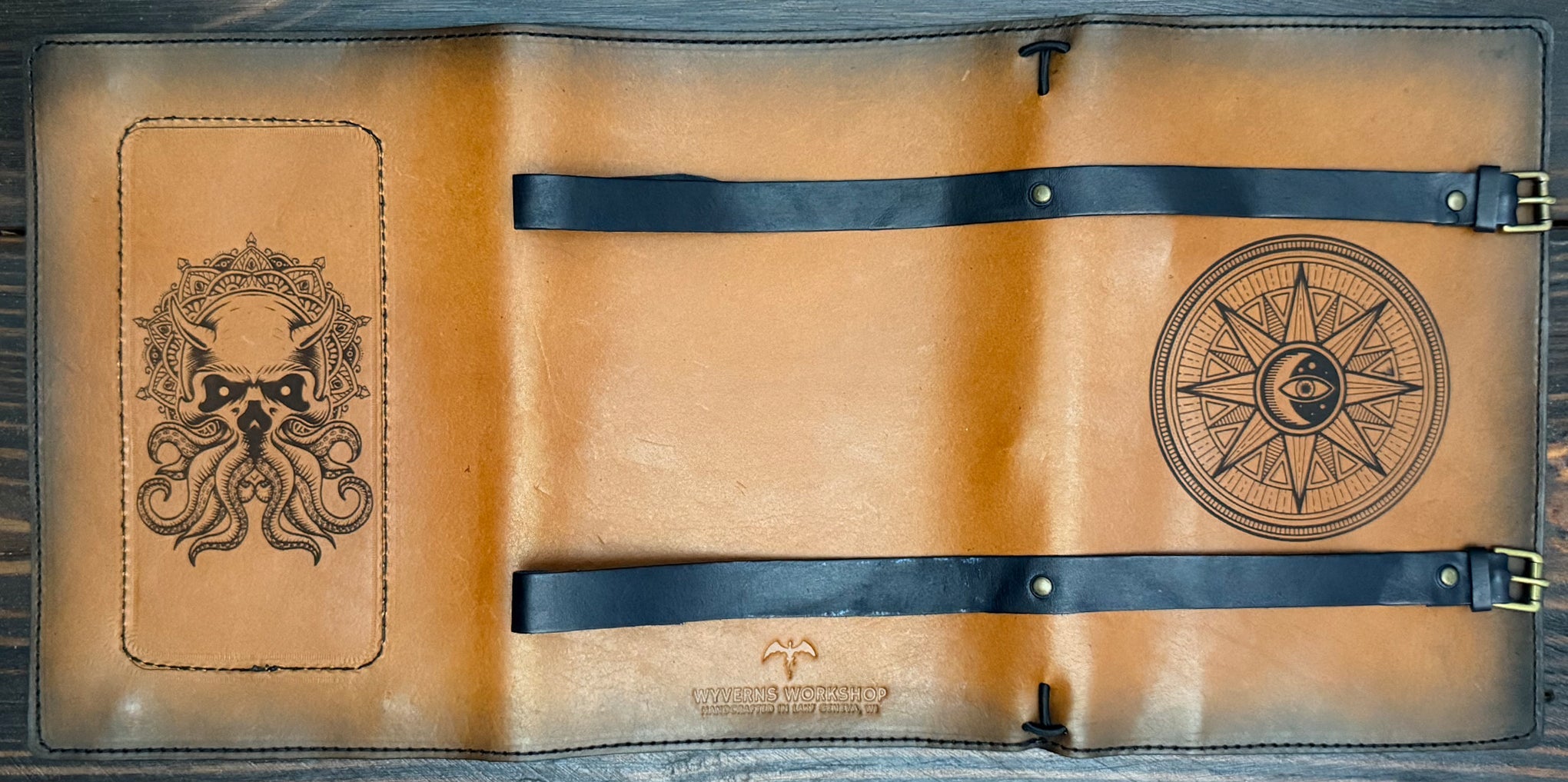 Premium Leather Adventure Journal - Eldritch Celestial Design - The Wyverns Workshop