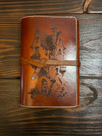 Premium Leather Adventure Journal - Fantasy Cottage Design - The Wyverns Workshop