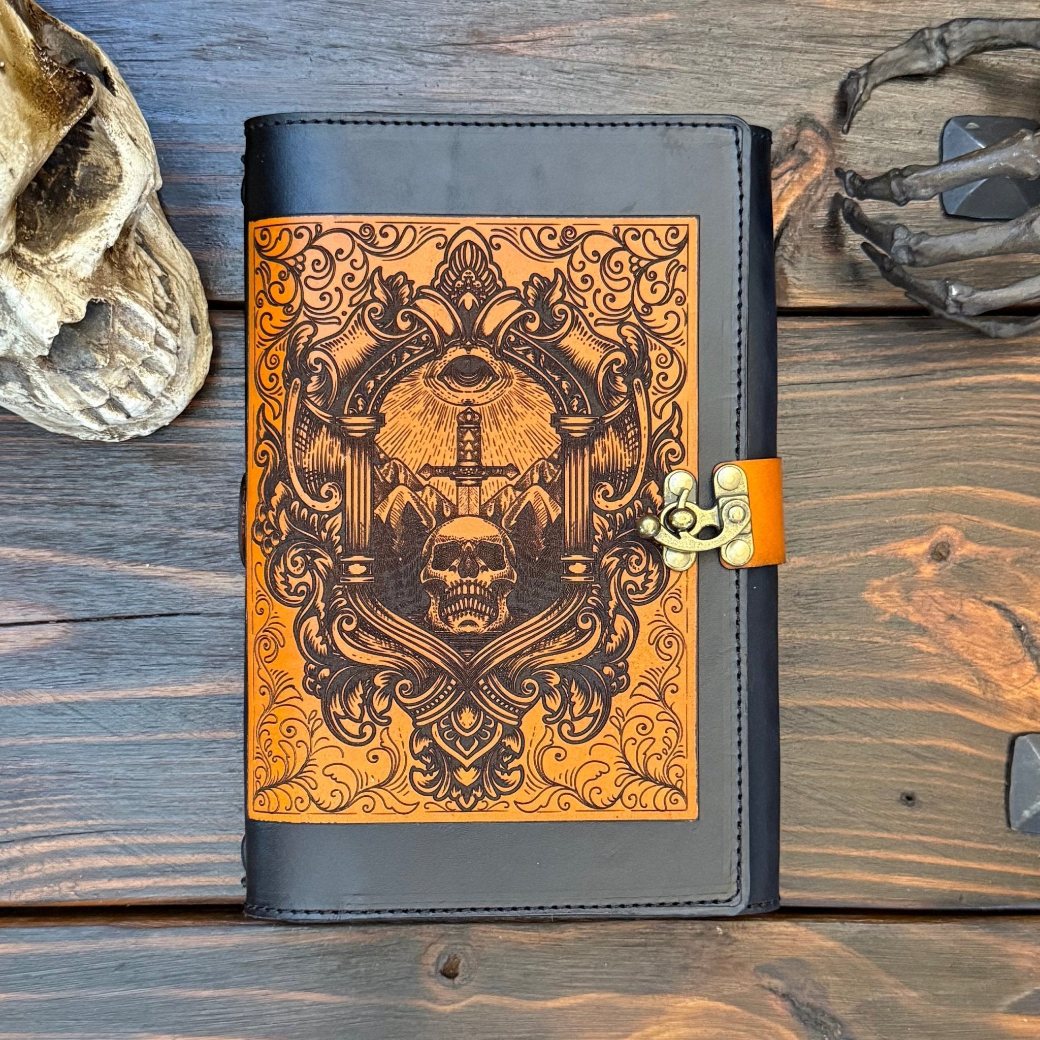 Premium Leather Adventure Journal - Gothic Skull Design - The Wyverns Workshop