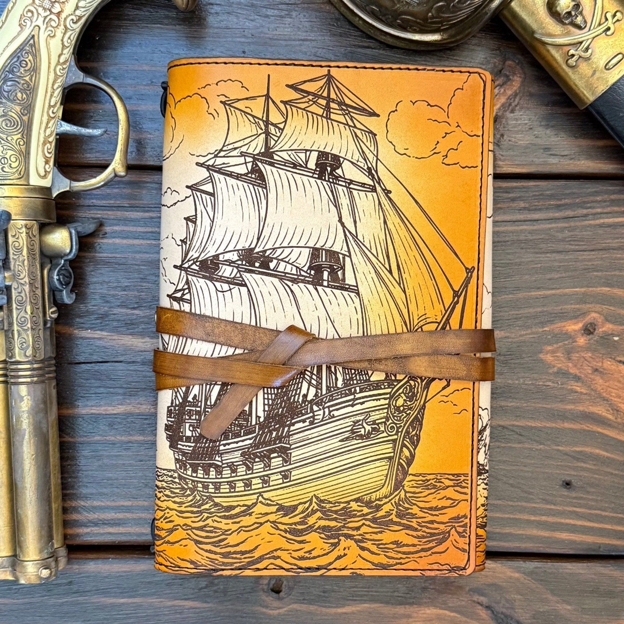 Premium Leather Adventure Journal - Ocean Explorer Design - The Wyverns Workshop