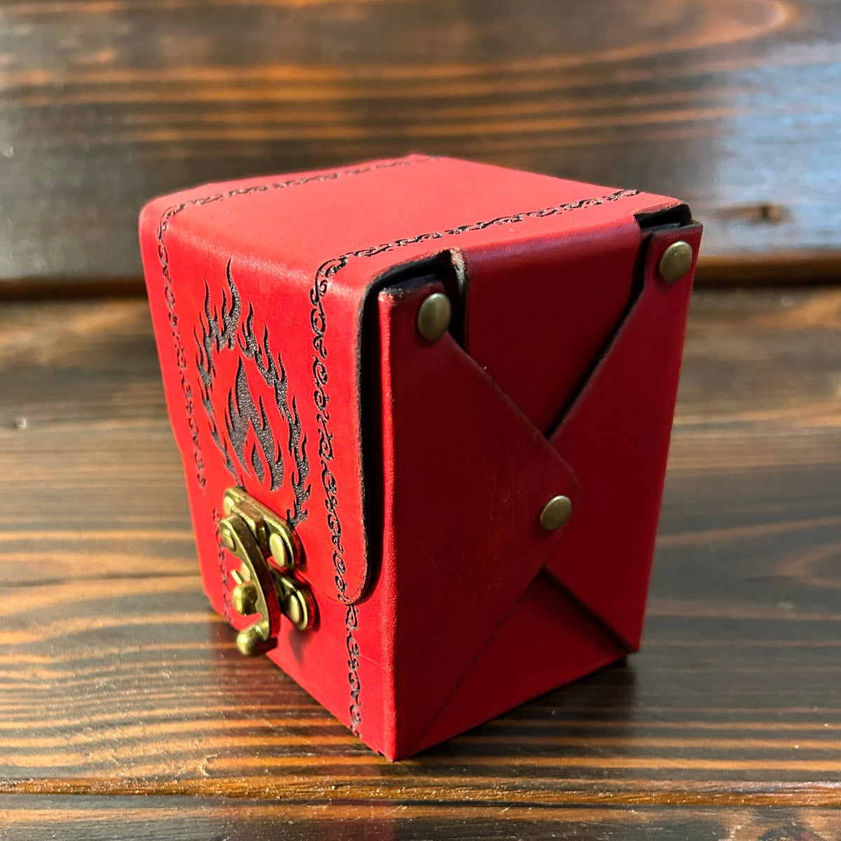 Premium Leather MTG Deck Box -Fiery Flames Design - The Wyverns Workshop