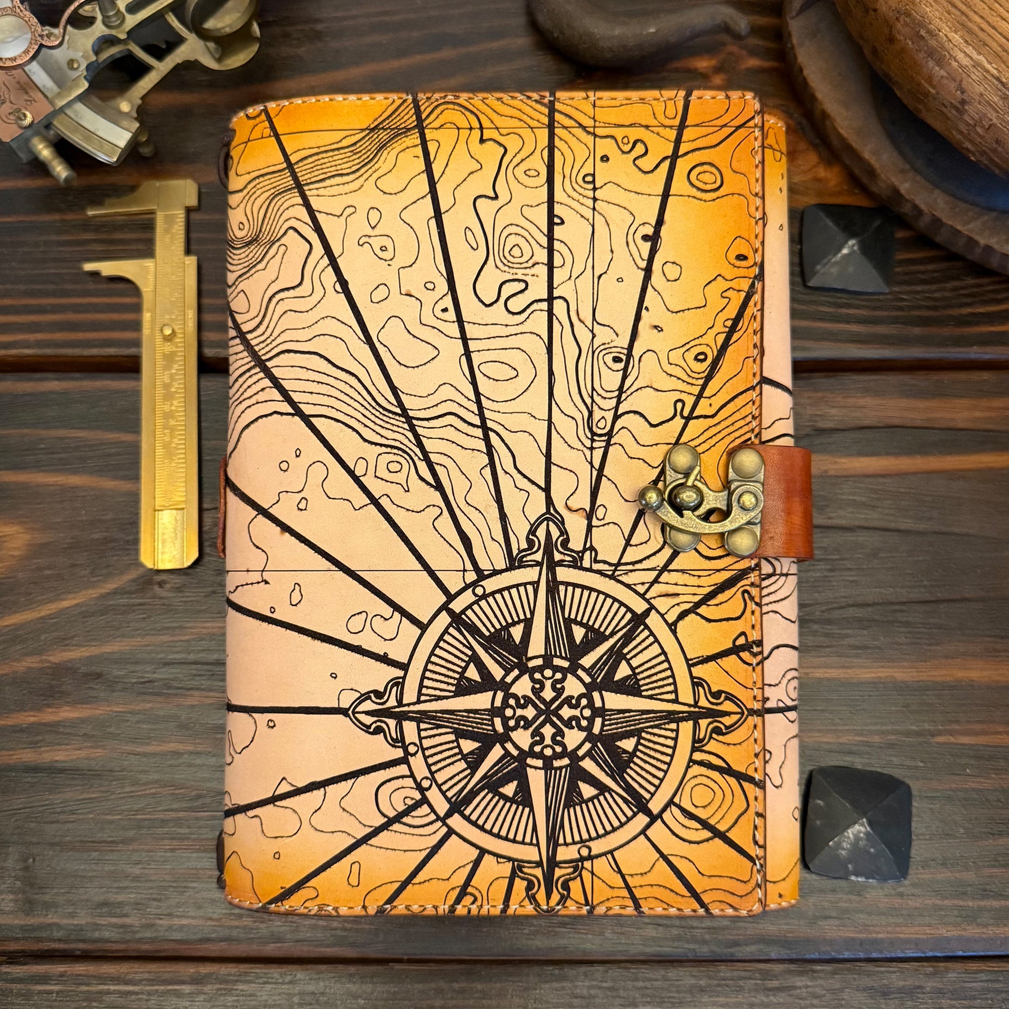 Premium Leather Travelers Journal - Atlas Design - The Wyverns Workshop