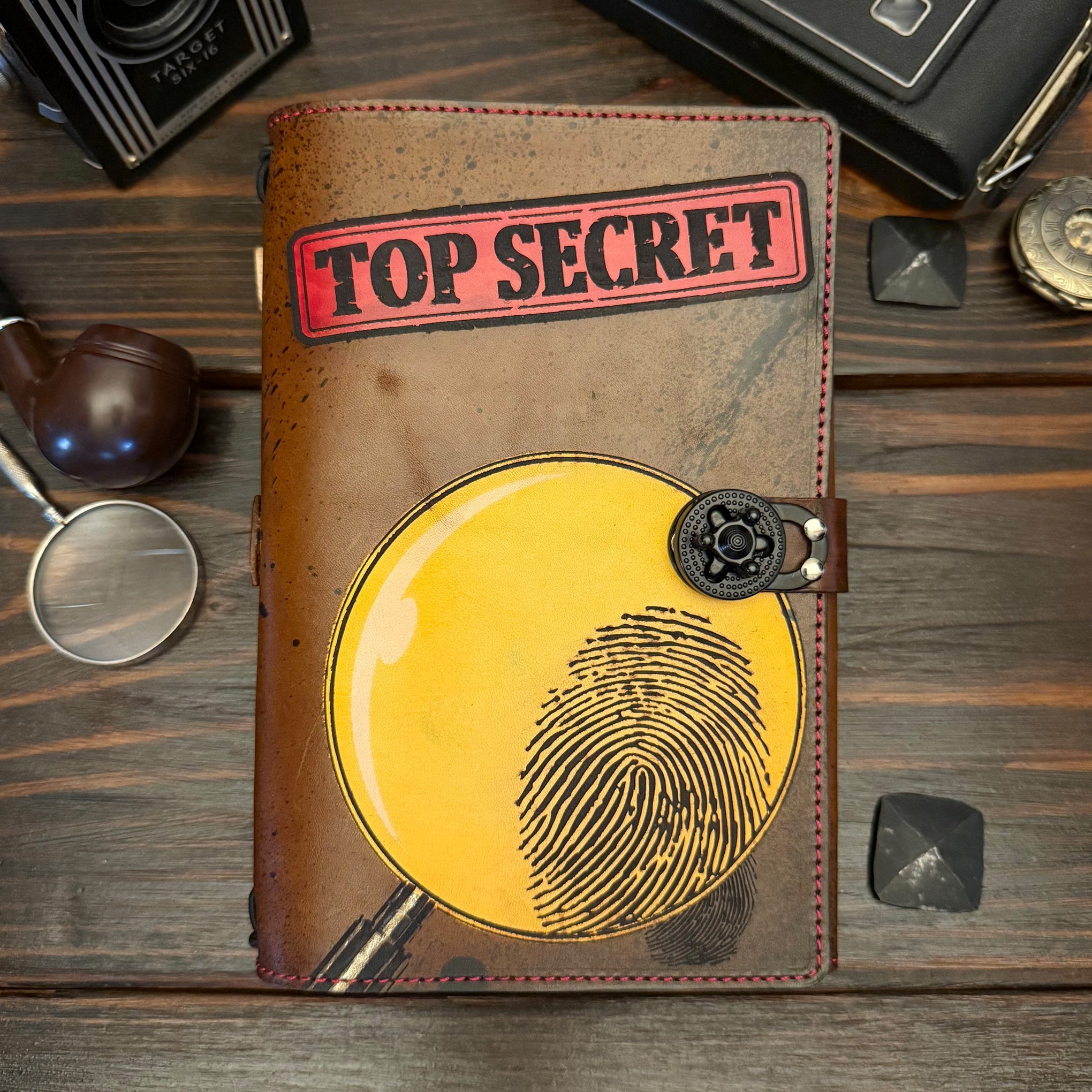 Premium Leather Travelers Journal - Top Secret Design - The Wyverns Workshop
