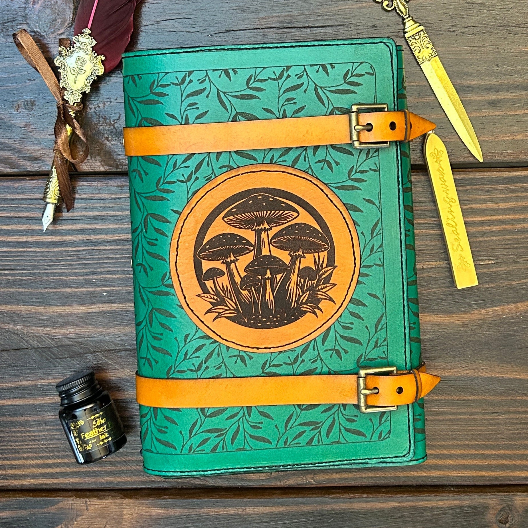 Premium Leather Travelers Journal - Woodland Mushroom Design - The Wyverns Workshop