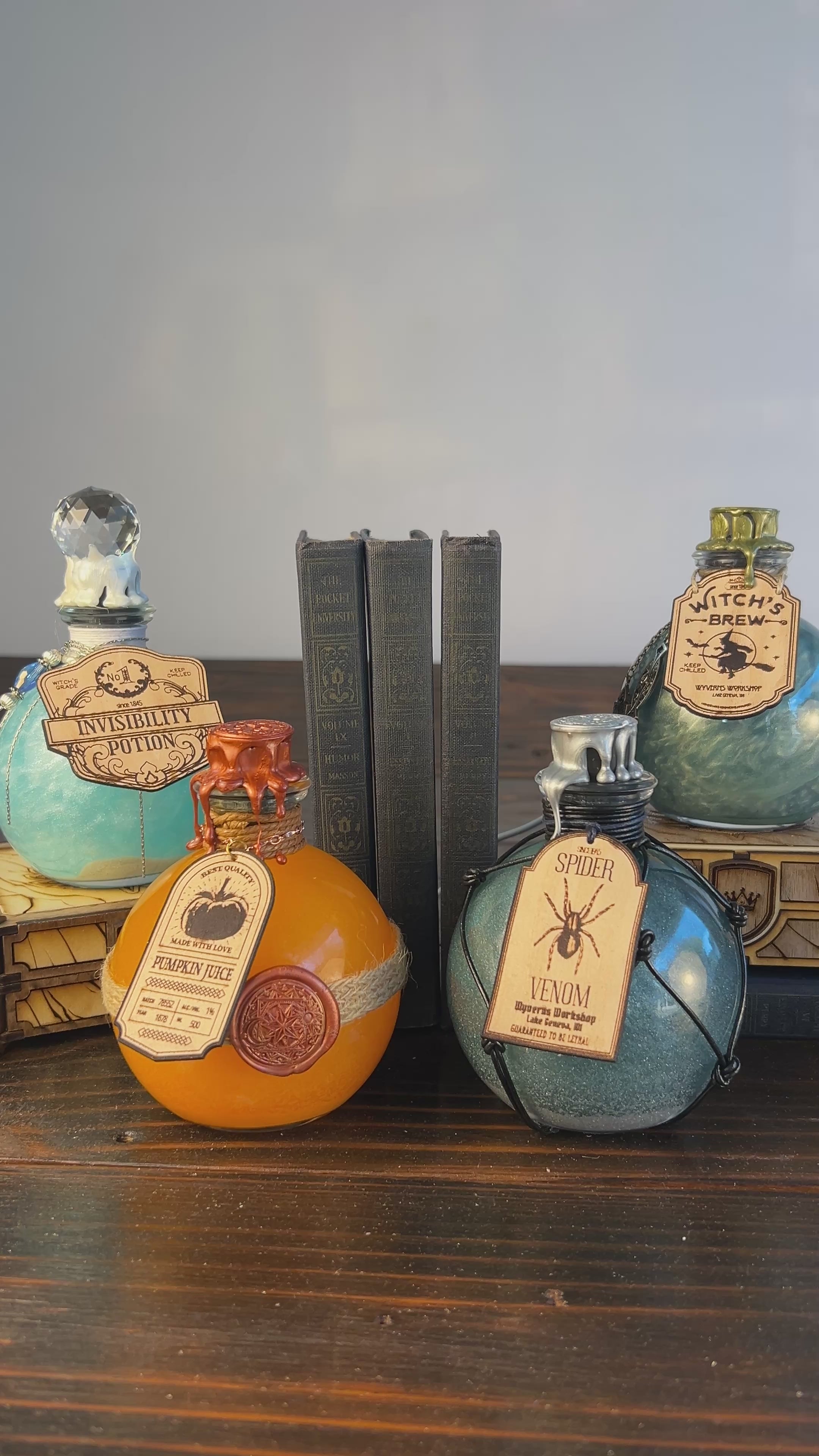 Video - Swirling Potion Globe Glass Bottles - Leather Labels - Dripped Wax Seal- Full Collection - DND, Prop, Magic - The Wyverns Workshop
