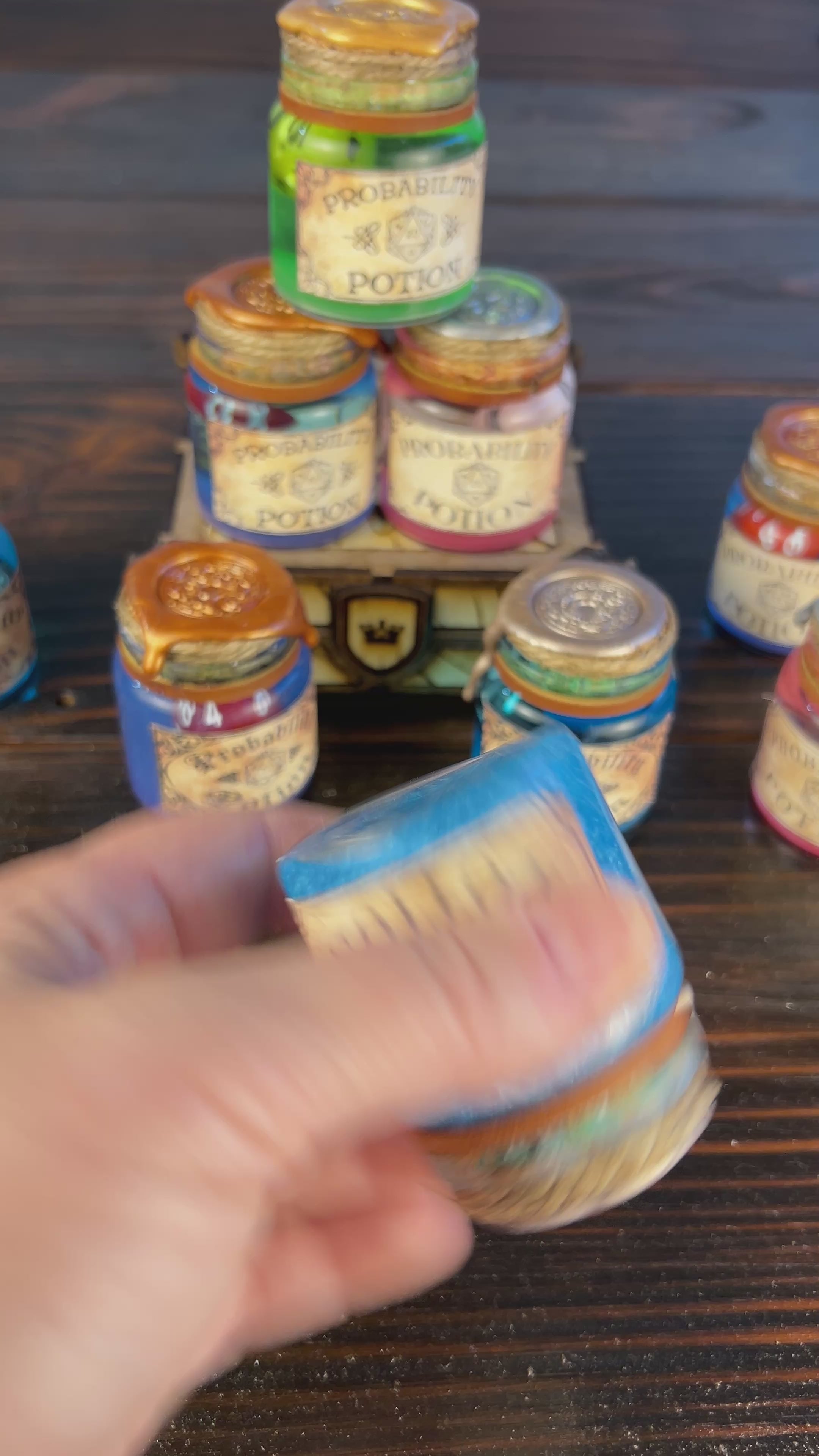 Video - Shake to Roll - Swirling Potion D20 Glass Bottles - Apothecary Labels - Dripped Wax Seal- Full Collection - DND, Prop, Magic - The Wyverns Workshop