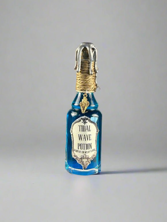 Swirling Potion Glass Bottle - Blue Tidal Wave Design - Shell Charm - DND, Prop, Magic - The Wyverns Workshop