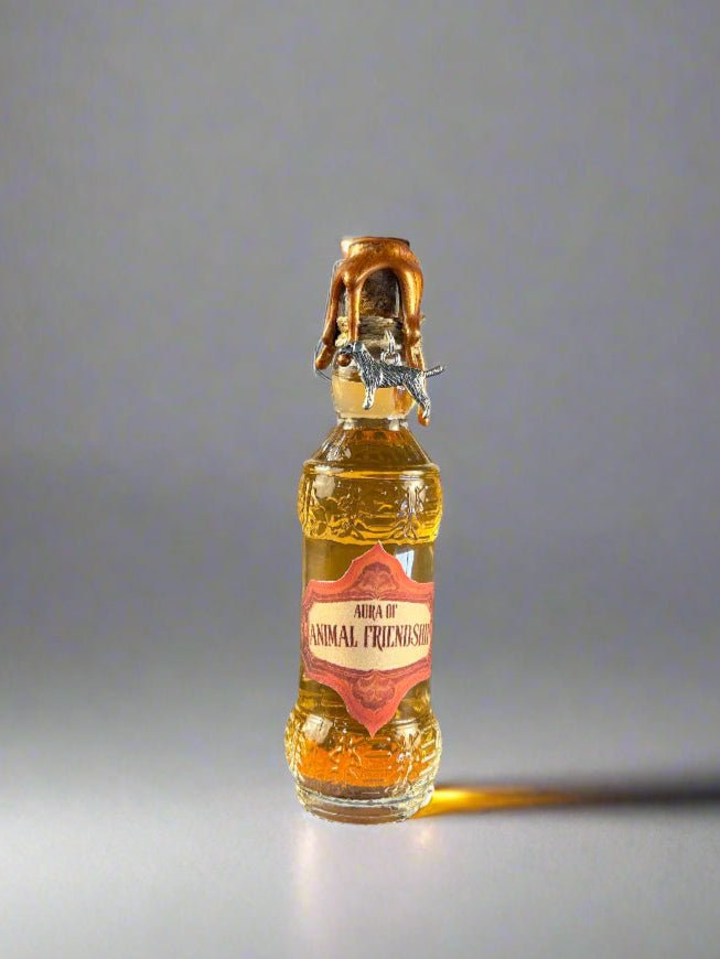 Swirling Potion Glass Bottle - Gold Aura of Animal Friendship Design - Dog Charm - DND, Prop, Magic - The Wyverns Workshop