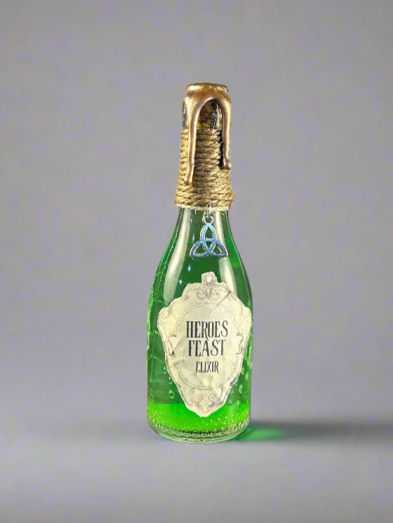 Swirling Potion Glass Bottle - Green Heroes Feast Elixir Design - Celtic Charm - DND, Prop, Magic - The Wyverns Workshop