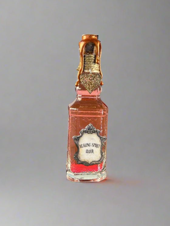 Swirling Potion Glass Bottle - Pink Healing Spirit Elixir Design - Heart Charm - DND, Prop, Magic - The Wyverns Workshop
