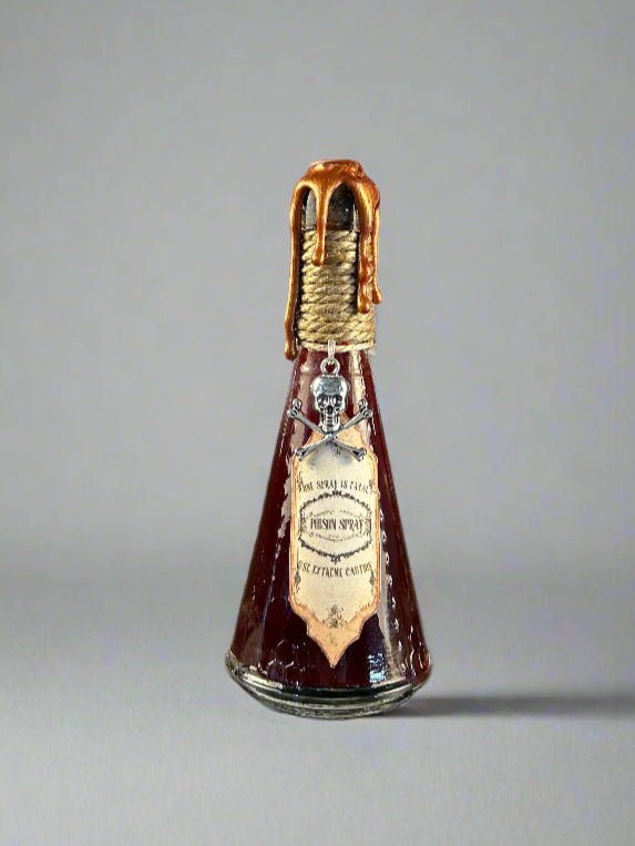 Swirling Potion Glass Bottle - Red and Black Poison Spray Design - Skull Charm - DND, Prop, Magic - The Wyverns Workshop