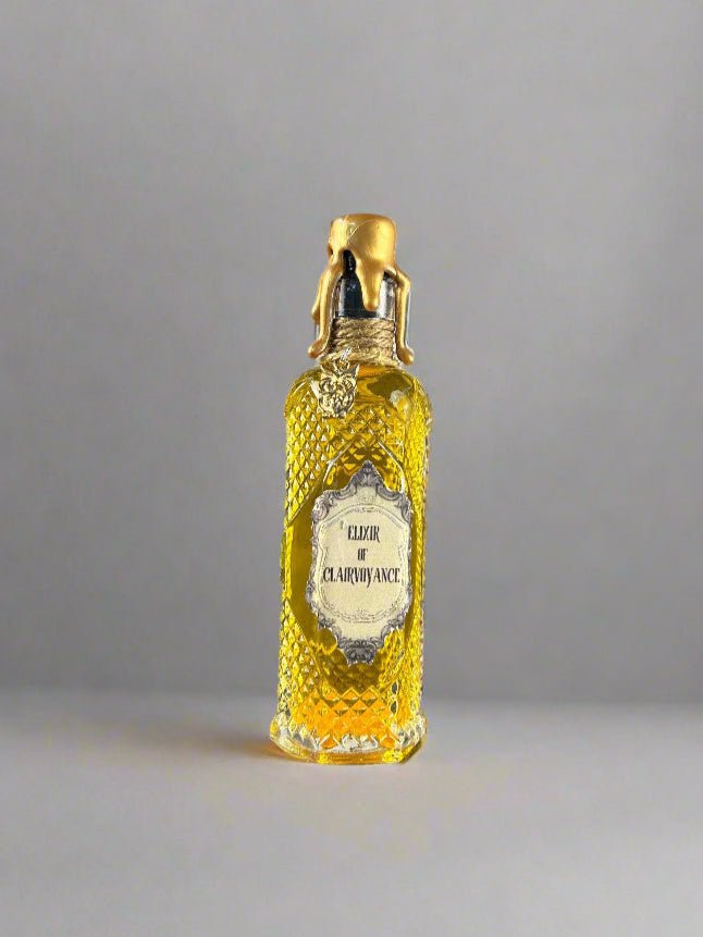 Swirling Potion Glass Bottle - Yellow Elixir of Clairvoyance Design - Owl Charm - DND, Prop, Magic - The Wyverns Workshop