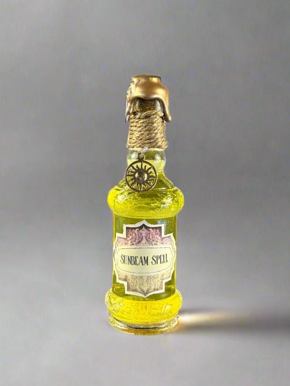 Swirling Potion Glass Bottle - Yellow Sunbeam Spell Design - Sun Charm - DND, Prop, Magic - The Wyverns Workshop