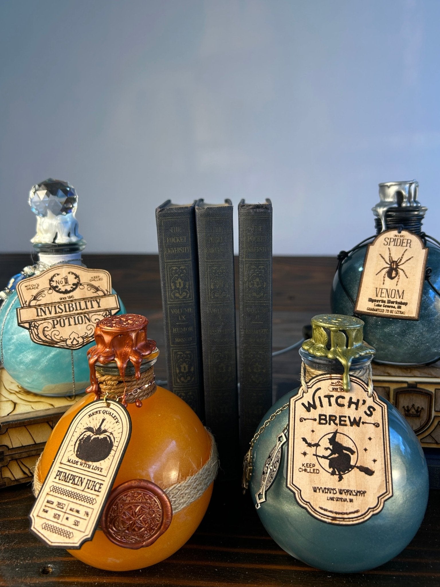 Swirling Potion Globe Glass Bottles - Leather Labels - Dripped Wax Seal- Full Collection - DND, Prop, Magic - The Wyverns Workshop