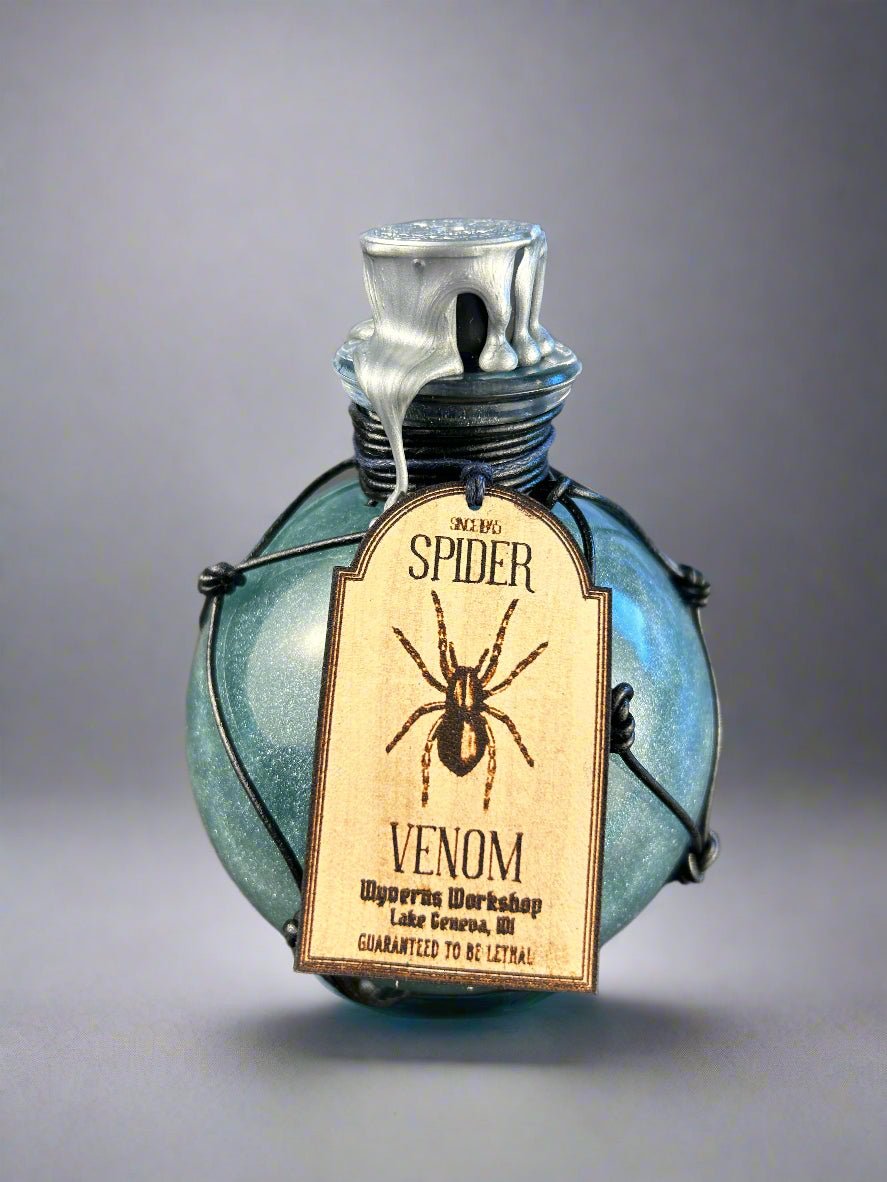Swirling Potion Globe Glass Bottles - Leather Labels - Dripped Wax Seal- Spider Venom Design - DND, Prop, Magic - The Wyverns Workshop