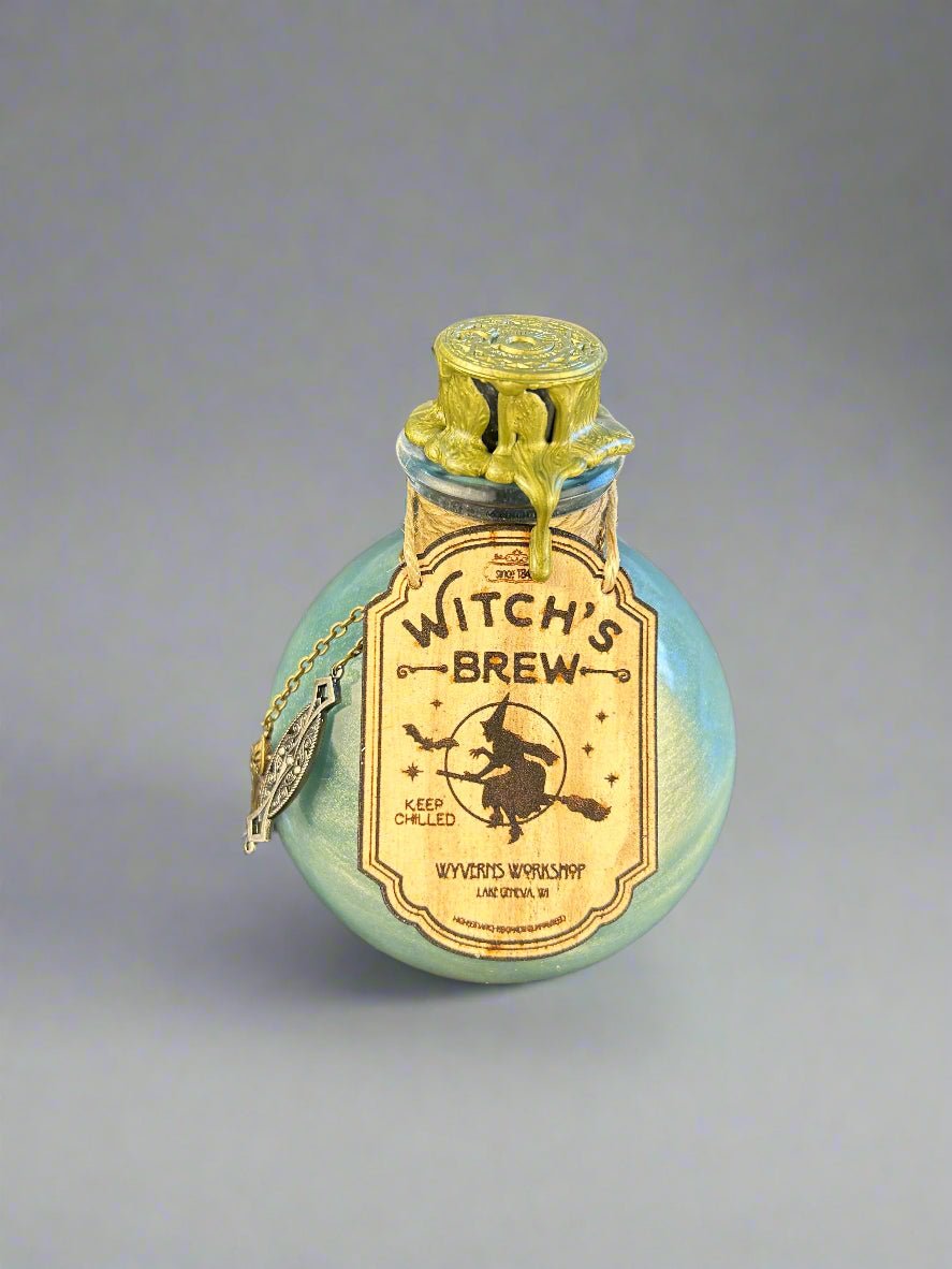 Swirling Potion Globe Glass Bottles - Leather Labels - Dripped Wax Seal- Witch's Brew - DND, Prop, Magic - The Wyverns Workshop