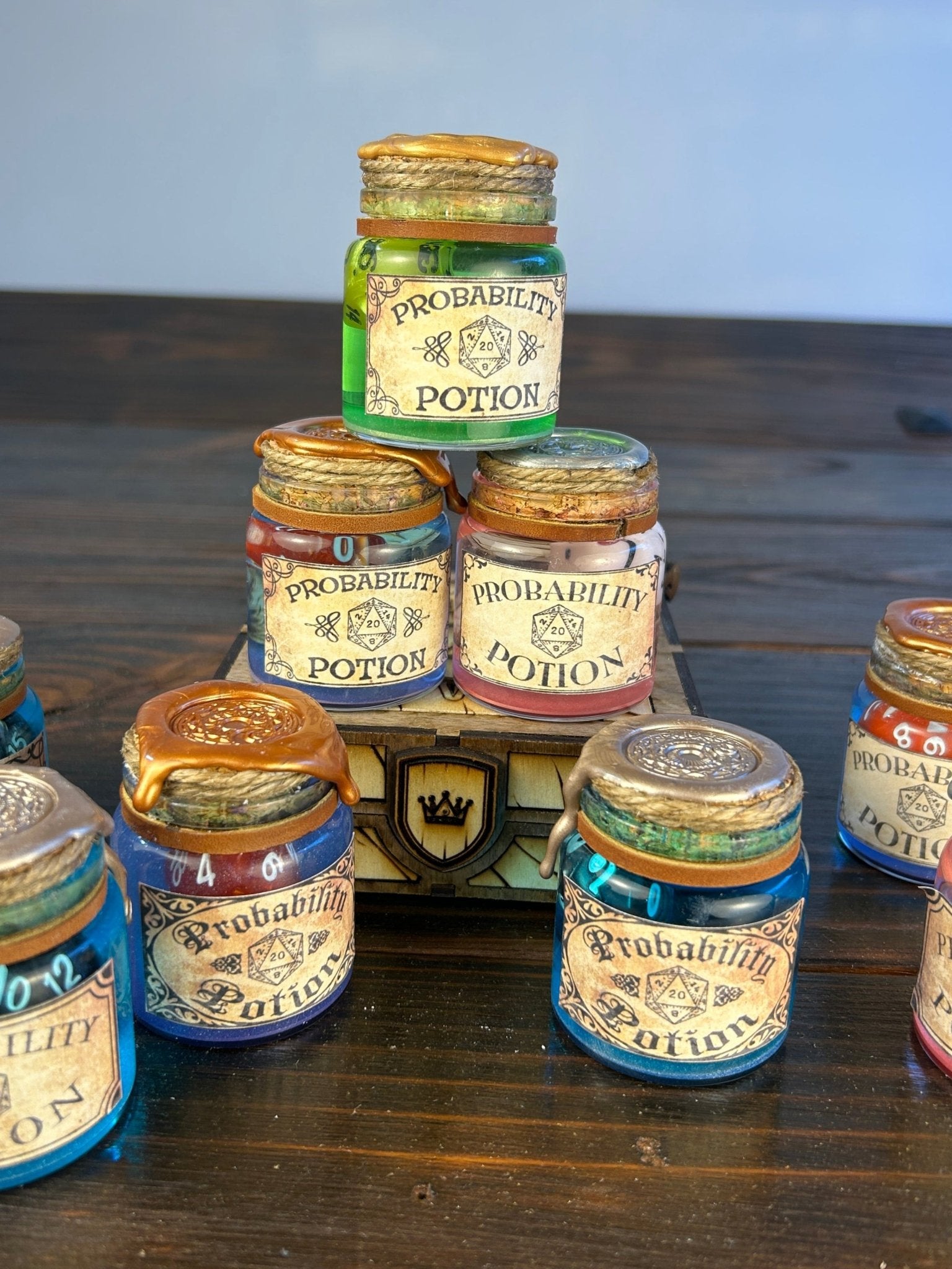 Swirling Potion D20 Glass Bottles - Apothecary Labels - Dripped Wax Seal- Full Collection - DND, Prop, Magic - The Wyverns Workshop