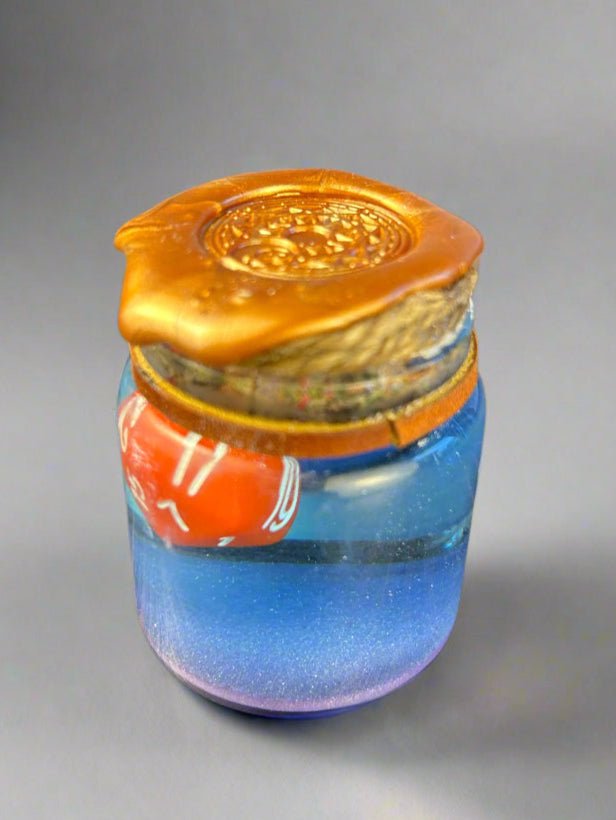 Swirling Potion D20 Glass Bottles - Apothecary Labels - Dripped Wax Seal- Purple Back View - DND, Prop, Magic - The Wyverns Workshop
