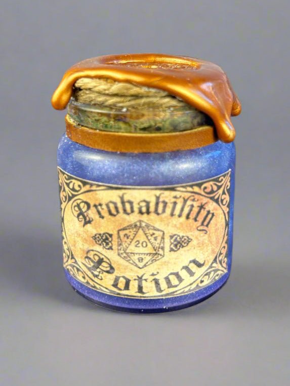 Swirling Potion D20 Glass Bottles - Apothecary Labels - Dripped Wax Seal- Purple Front View- DND, Prop, Magic - The Wyverns Workshop